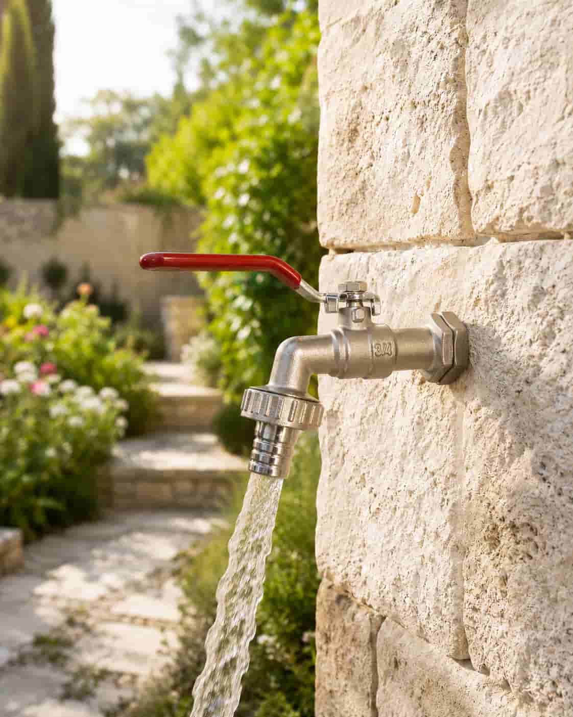 ברז לצינור גינה מותקן בחצר עם ידית אדומה וזרימת מים לשימוש יומיומי